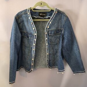 Brandon Thomas Beaded Trim Denim Jacket Women’s 1X Boho Beads Shells Fringe